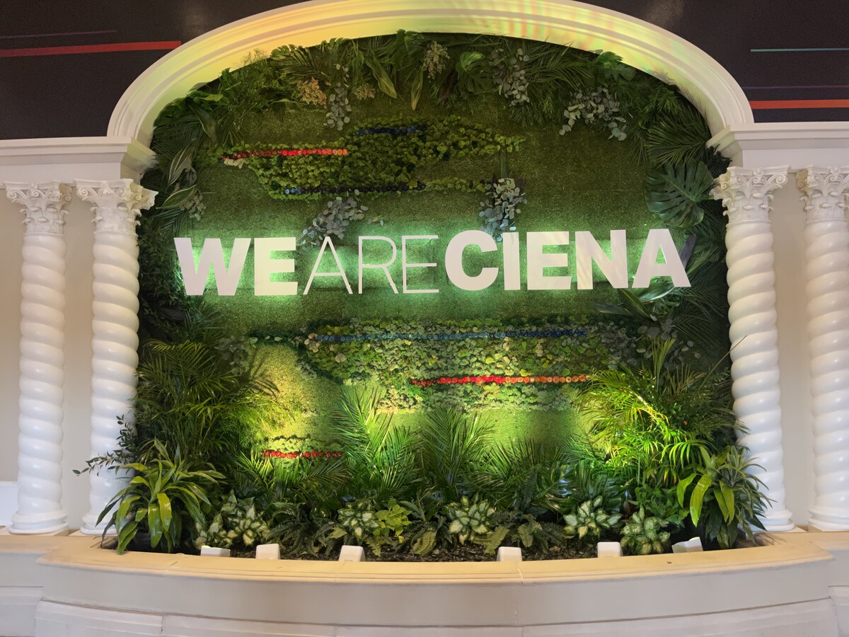 Illuminated custom greenery wall with branded signage