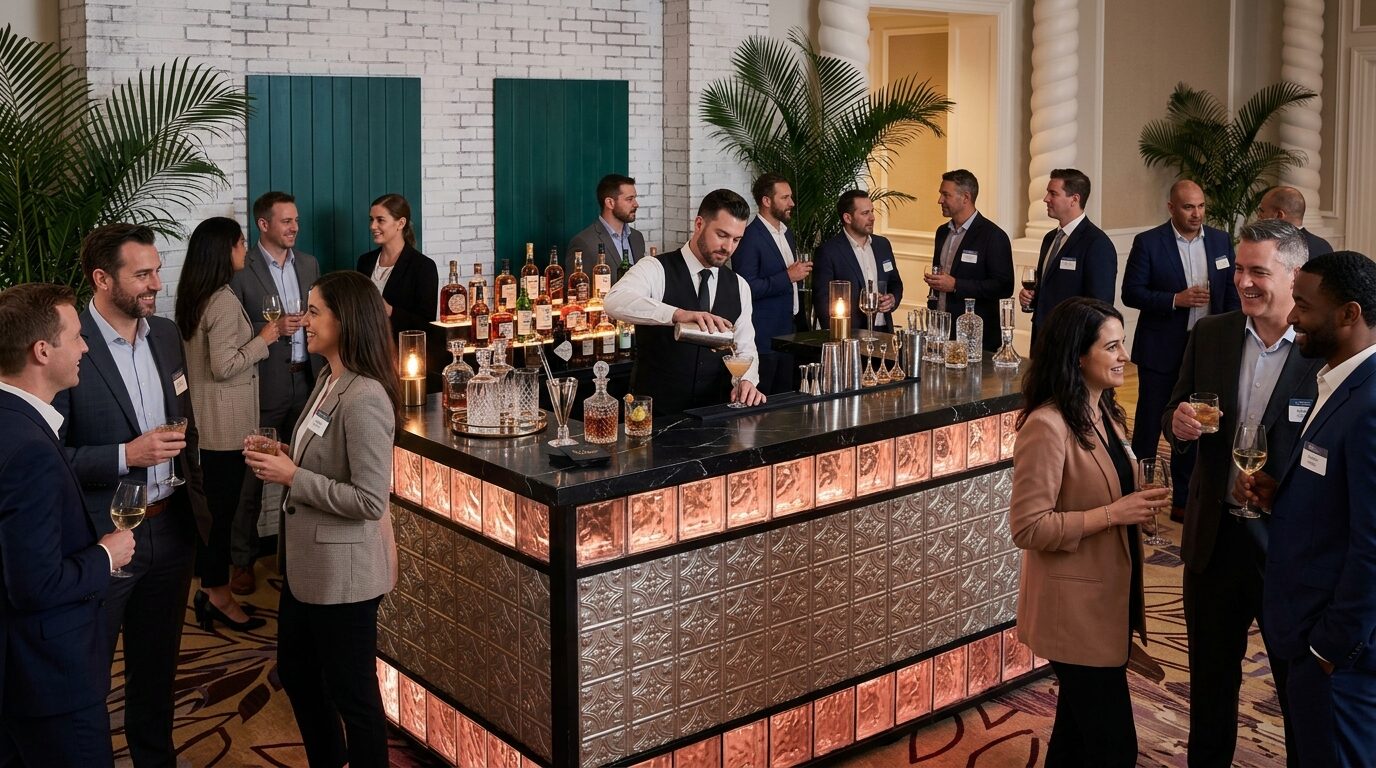 Guests networking around a custom glass block bar with bar back and palms at an upscale corporate event activation