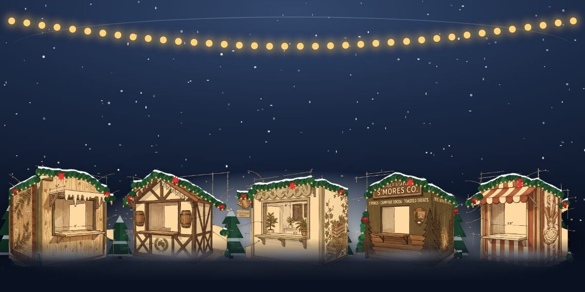 Concept image: five Market Stations reskinned as a European Christmas market at night &mdash; snow on the rooflines, icicles, evergreen garlands across each front, string lights overhead, fir trees between the stalls and warm light from every service counter.