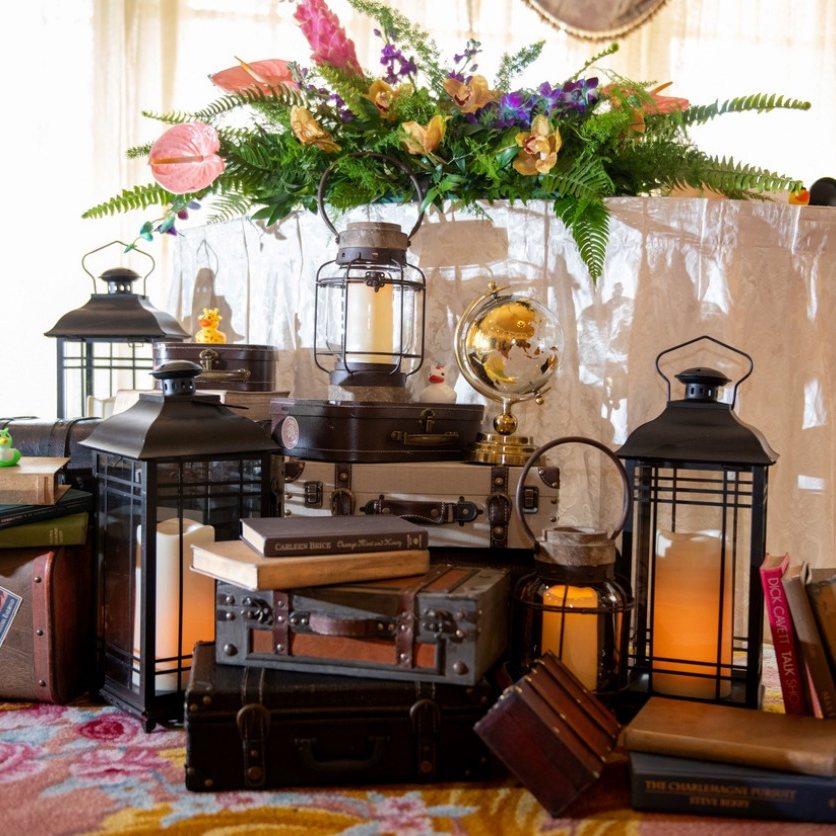 Vintage lantern & book vignette