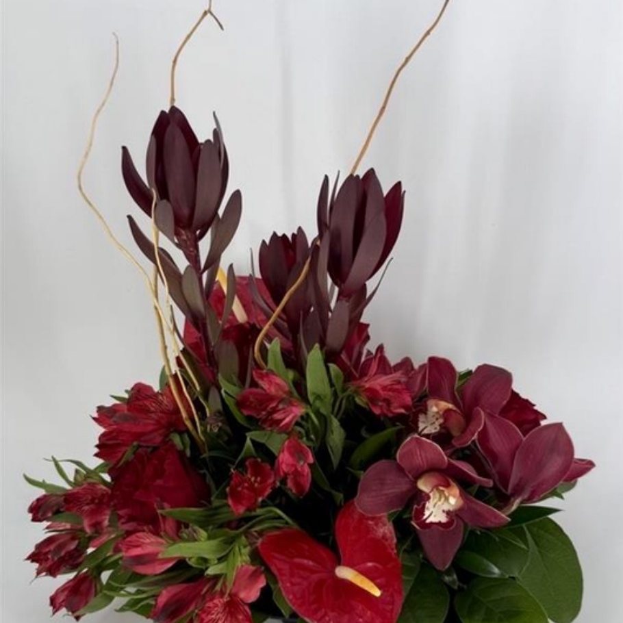 Burgundy leucadendron & orchid centerpiece