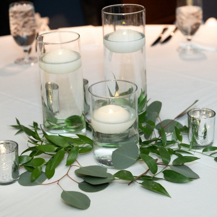 Floating candle & eucalyptus centerpiece
