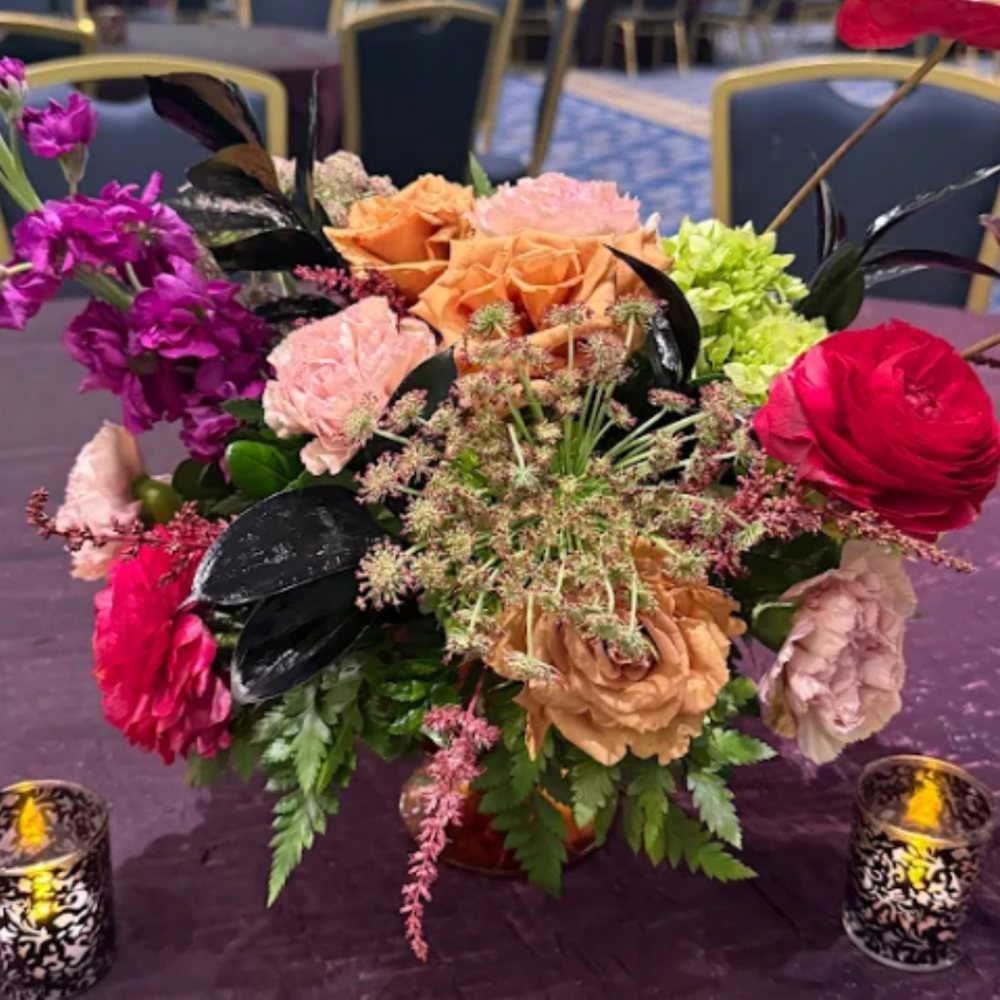 Fuchsia & peach garden centerpiece