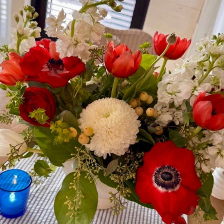 Red anemone & dahlia centerpiece