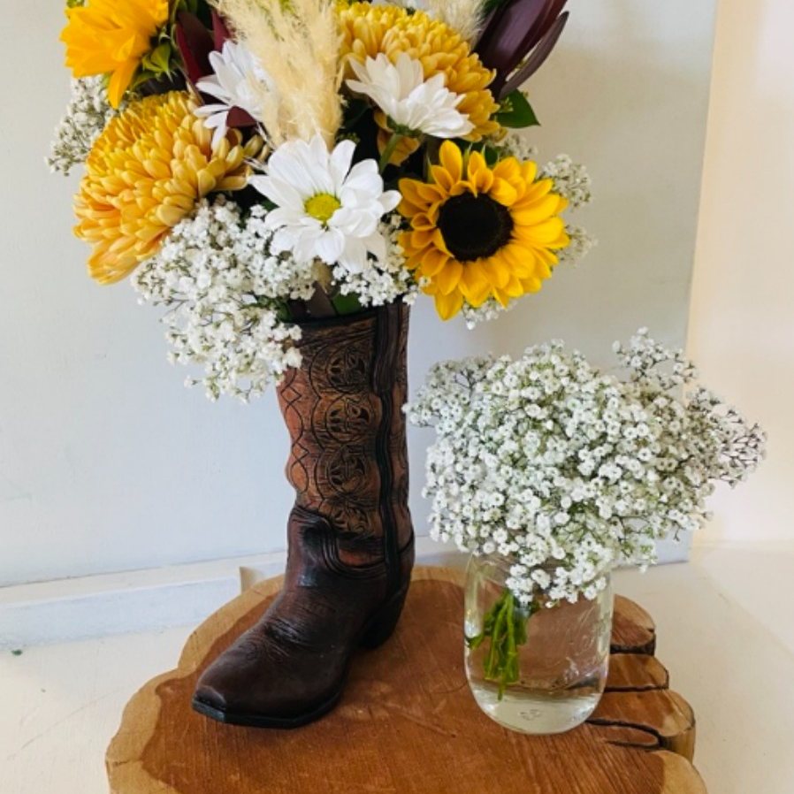 Sunflower cowboy-boot centerpiece