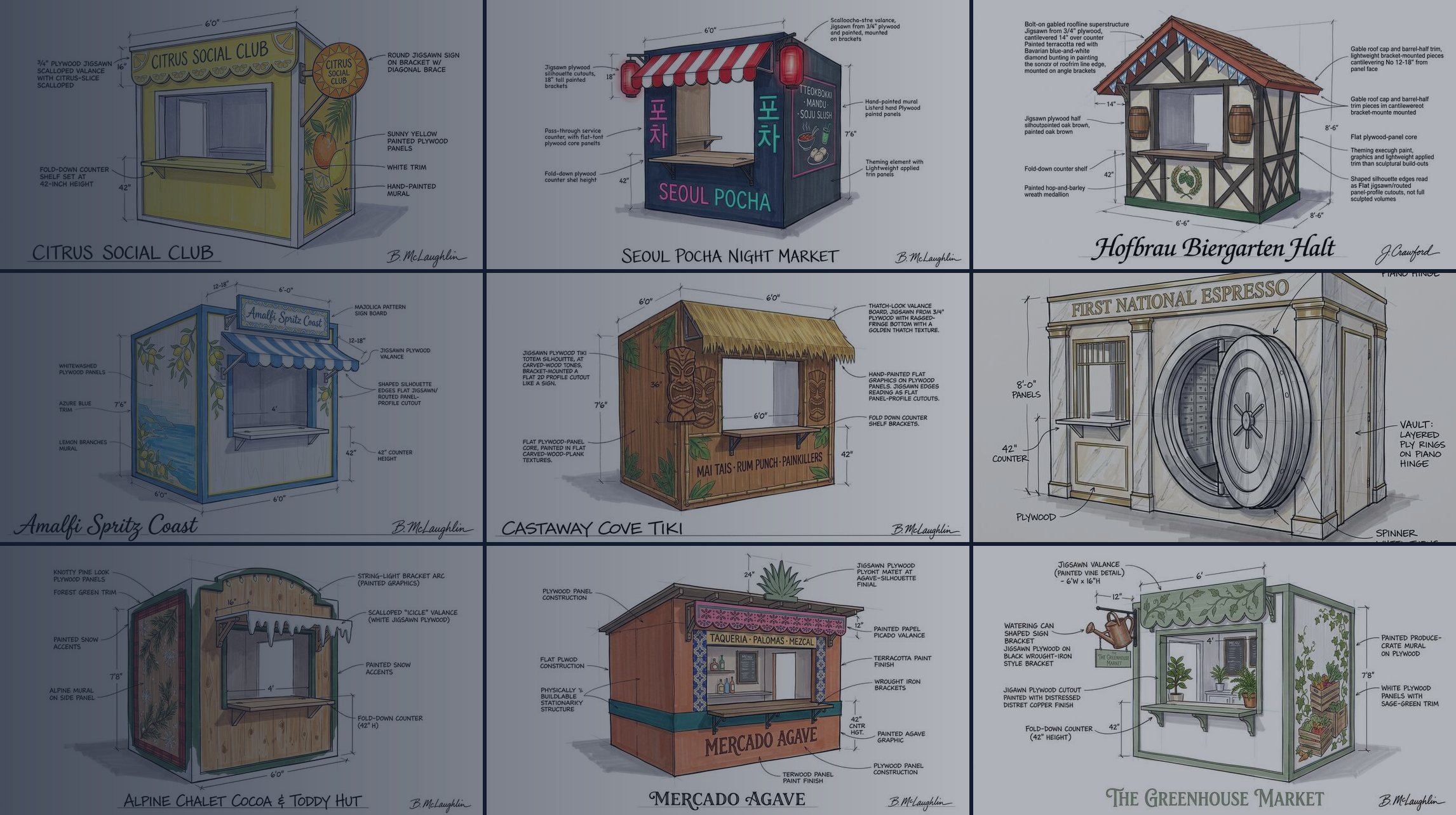 Nine Concession Park Market Station concept drawings — citrus, Seoul pocha, biergarten, Amalfi, tiki, espresso vault, alpine chalet, mercado, and greenhouse market