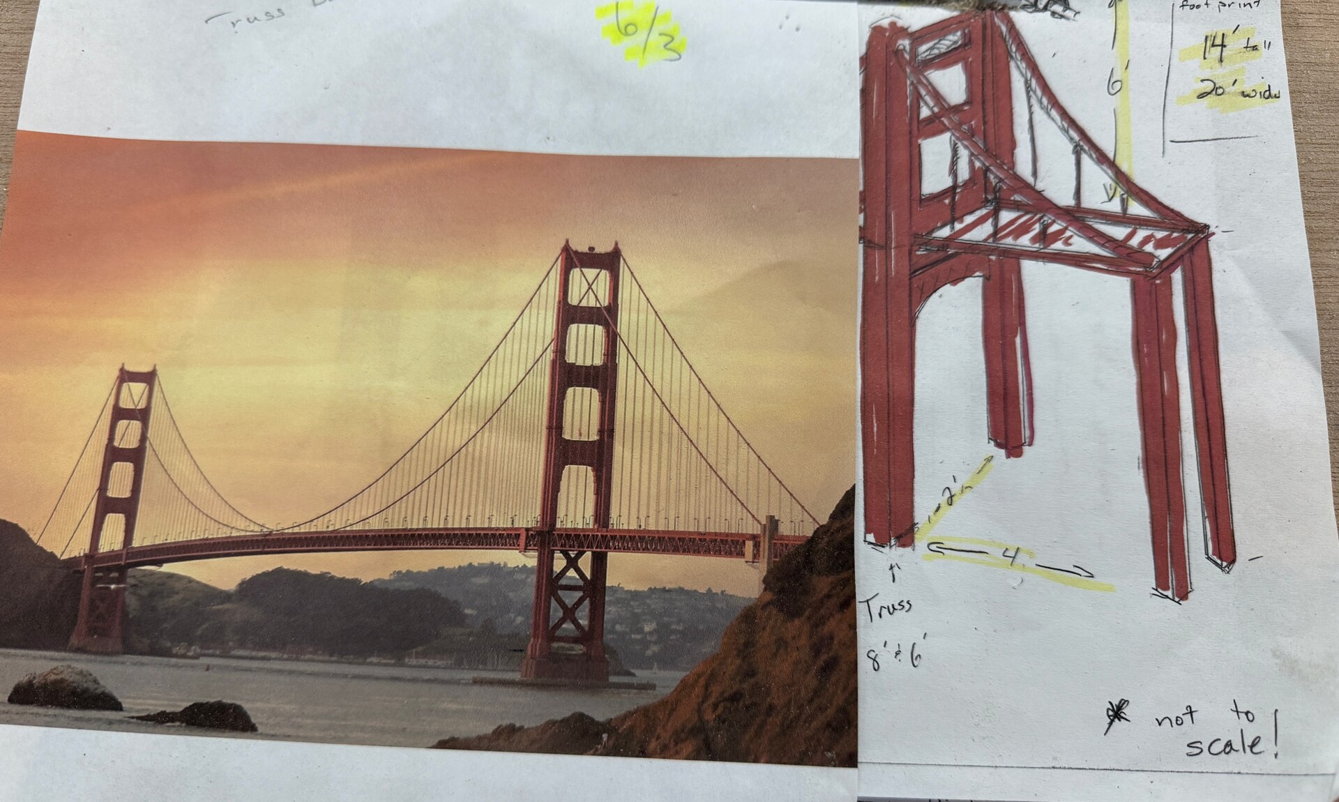 Reference photo and hand-drawn build sketch for a custom Golden Gate Bridge arch