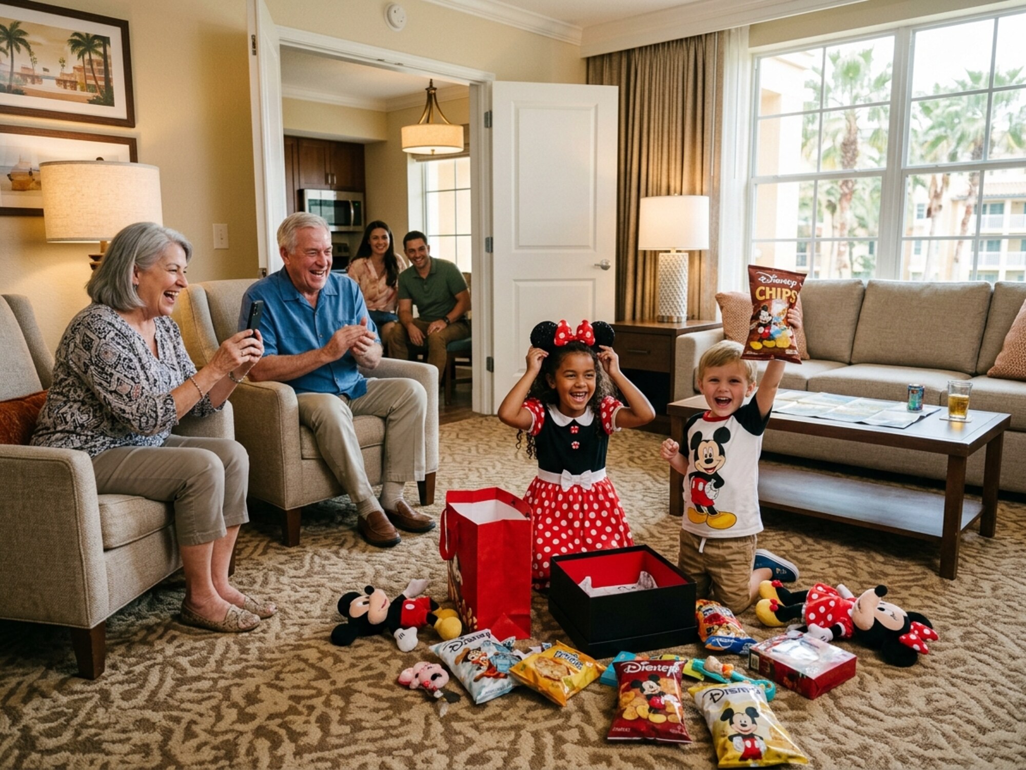 Family opening a Magical Floral & Gifts gift box at a resort