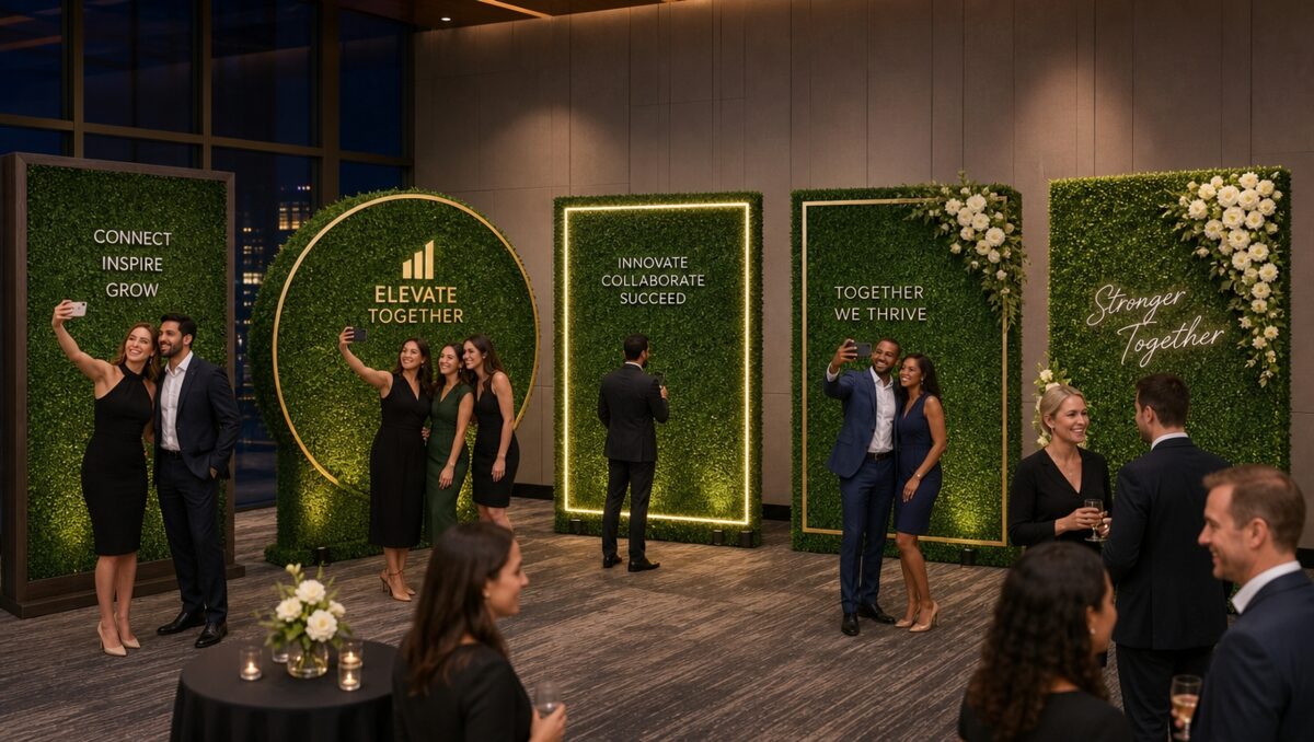 Faux boxwood greenery wall backdrop