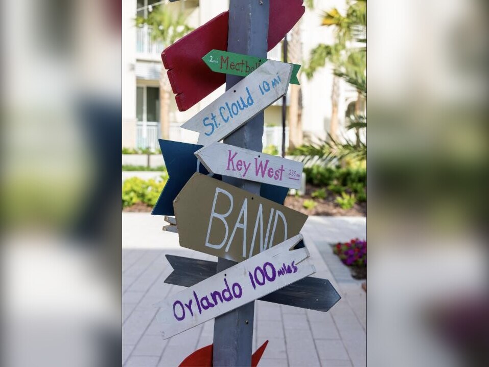 Whimsical wooden directional signpost