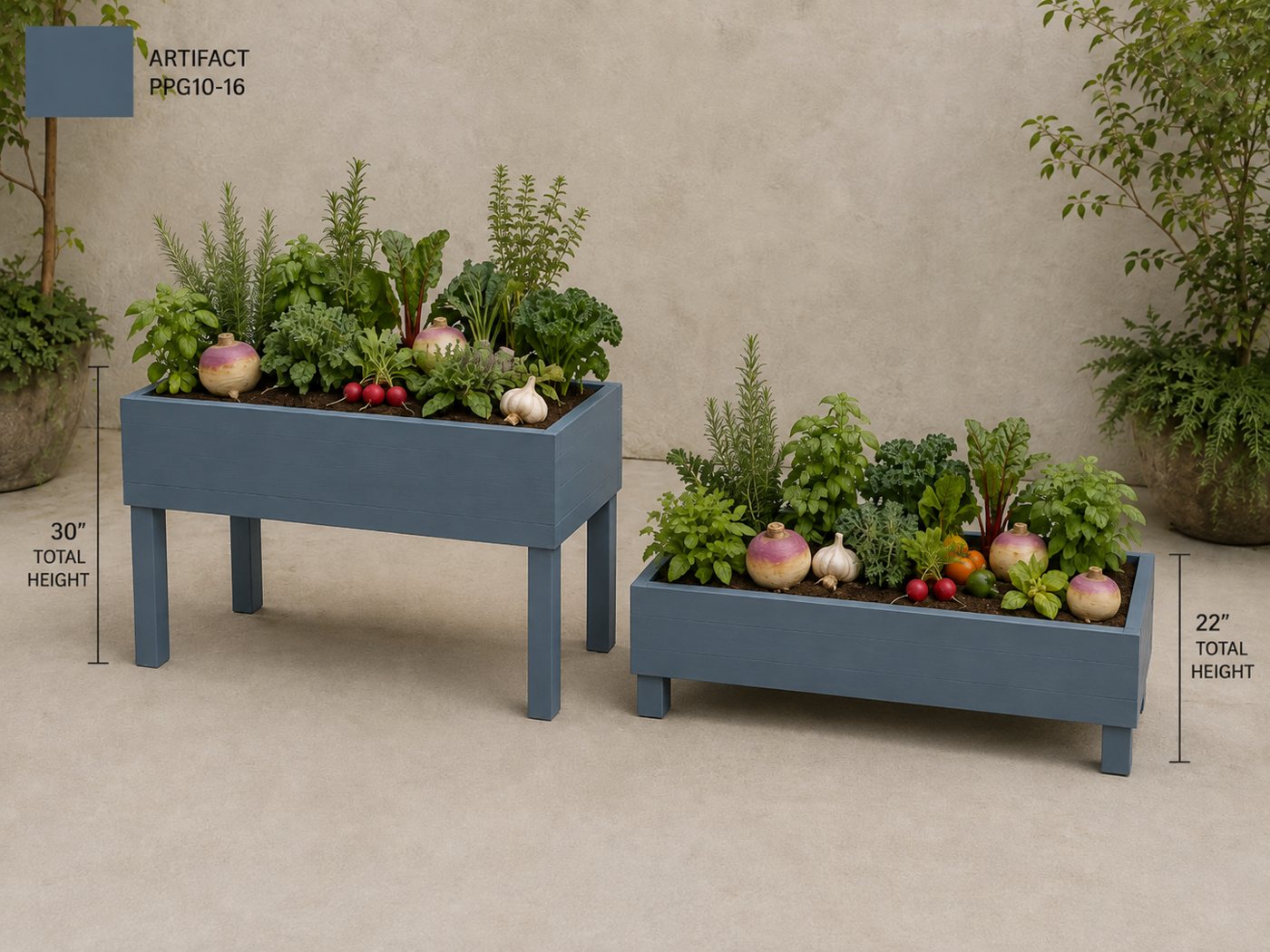 Two slate-blue raised garden planter boxes planted with vegetables and herbs