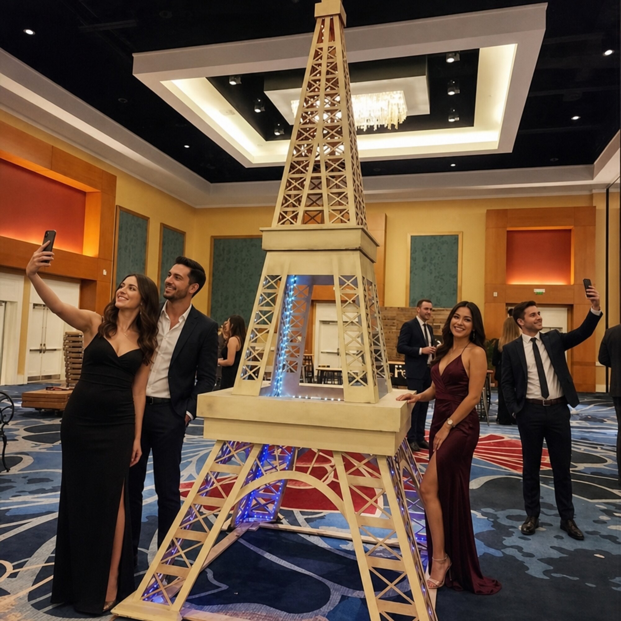 Giant illuminated Eiffel Tower prop at an upscale event
