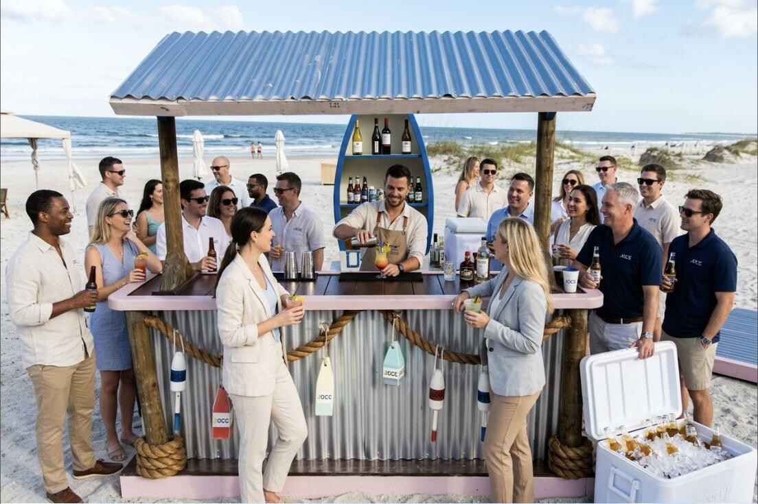 Marina-themed bar with dinghy boat back bar hutch
