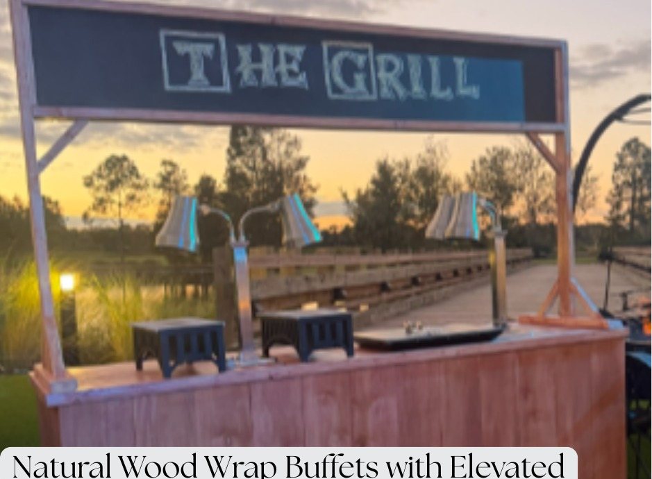 Natural wood wrap buffet with elevated chalkboard sign