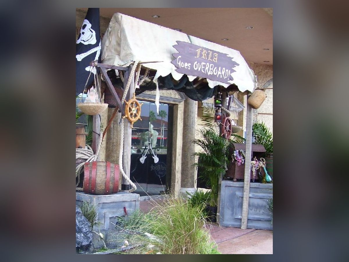 Pirate tavern entry with canopy and barrels