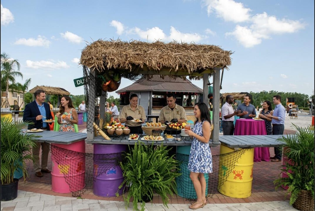 Colorful steel drum and dock-themed buffet station