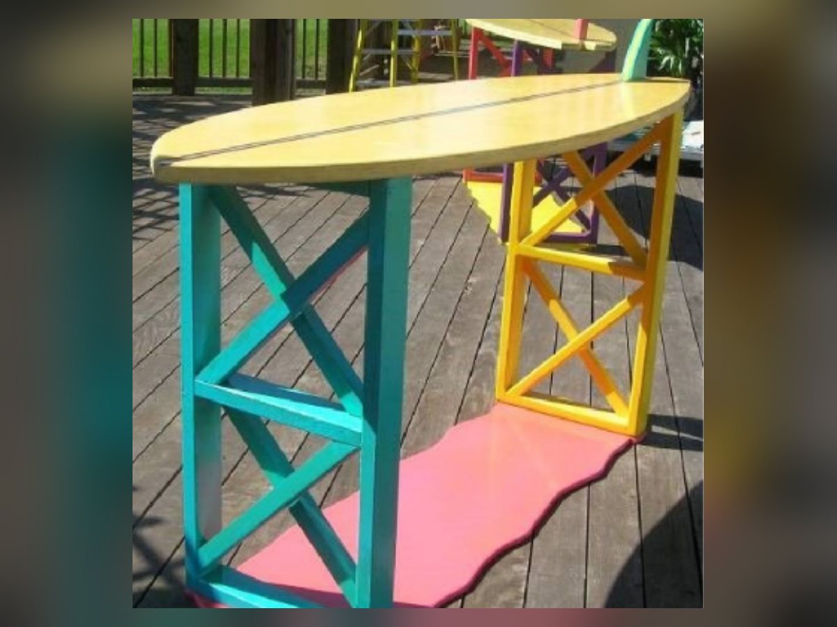 Surfboard-top highboy cocktail table with colorful base