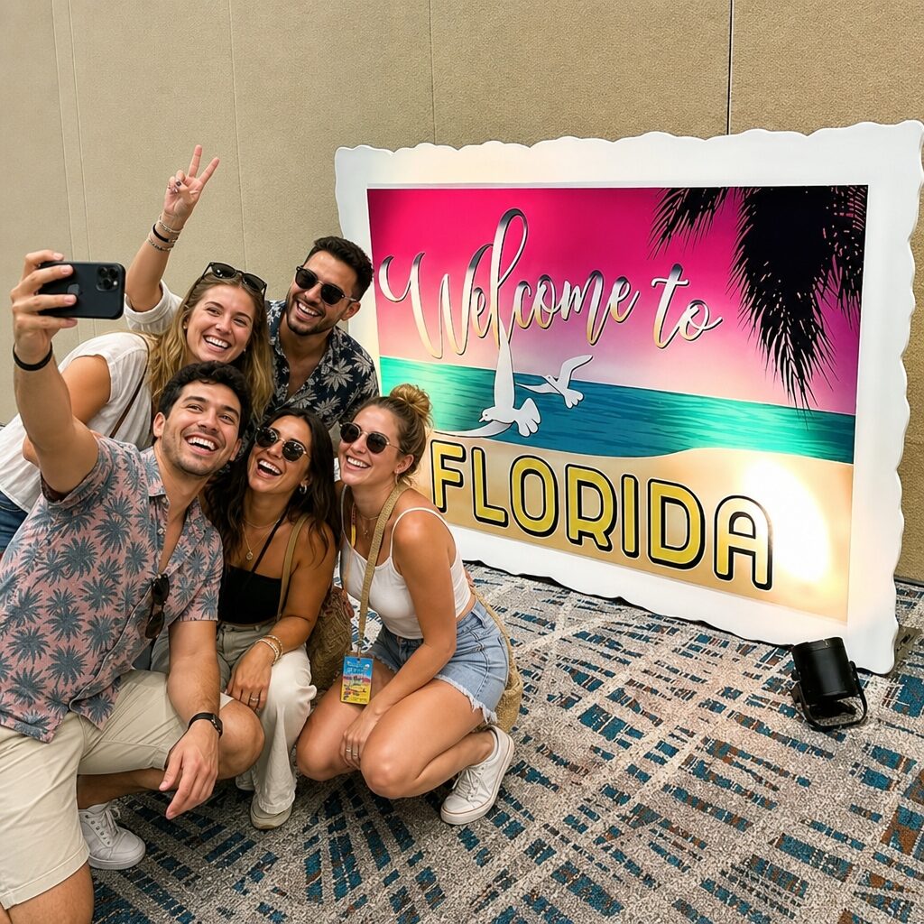 Lit Welcome to Florida postcard photo backdrop