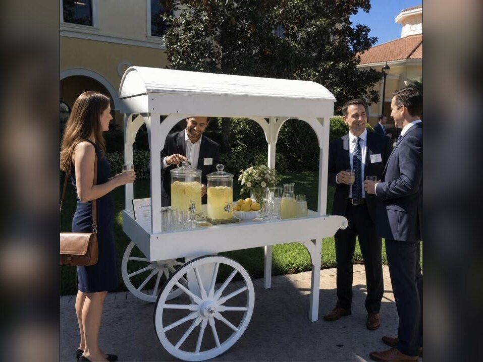 White vendor cart with striped canopy