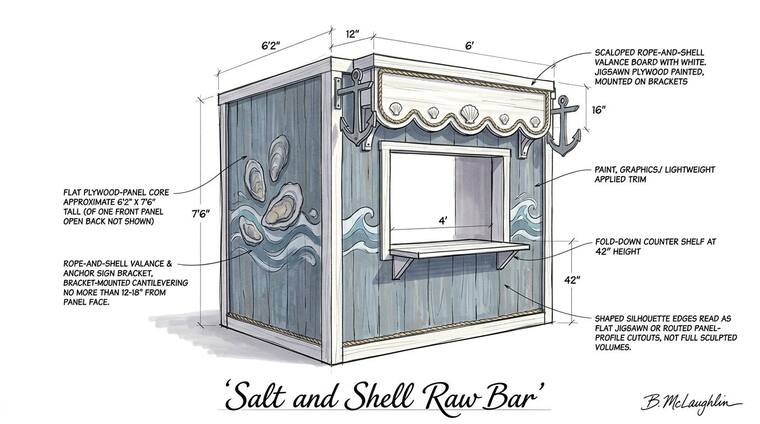 Concept sketch, Salt & Shell Raw Bar. A weathered blue-grey raw bar under a scalloped rope-and-shell valance, with painted oyster-shell and wave graphics and an anchor sign bracket.