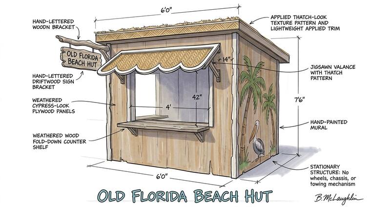 Concept sketch, Old Florida Beach Hut. A weathered cypress-look beach hut under a thatch-pattern jigsawn valance, with a hand-lettered driftwood sign bracket and a painted pelican and palm mural.