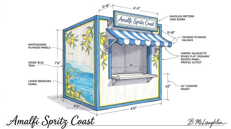 Concept sketch, Amalfi Spritz Coast. A whitewashed Italian coastal bar with an azure blue-and-white striped valance, a majolica-pattern sign board and painted lemon-branch and coastline murals.