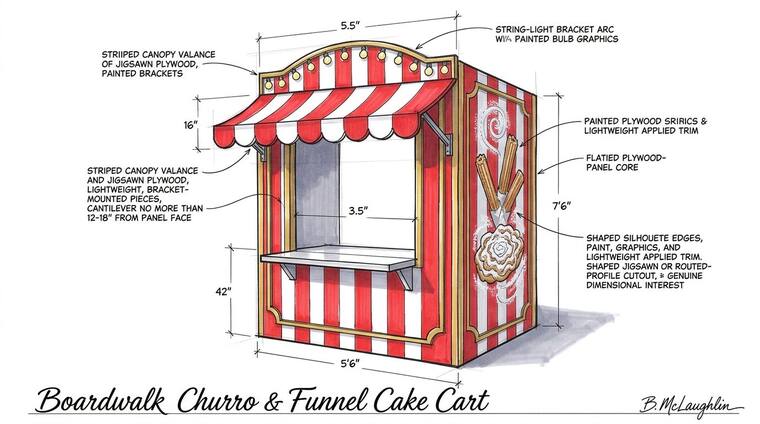 Concept sketch, Boardwalk Churro & Funnel Cake Cart. A red-and-white striped carnival cart under a scalloped canopy valance, ringed by a string-light bracket arc with painted bulb graphics and churro and funnel cake graphics.