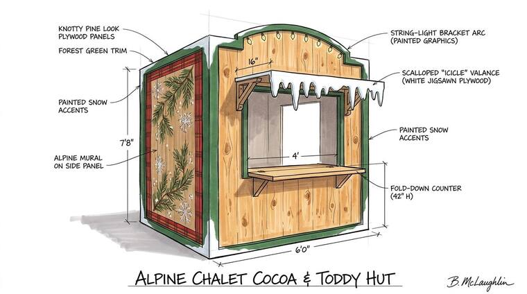 Concept sketch, Alpine Chalet Cocoa & Toddy Hut. A knotty-pine chalet in forest green with a scalloped white icicle valance, painted snow accents, a pine-bough alpine mural and a string-light bracket arc.