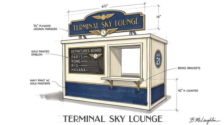 Concept sketch, Terminal Sky Lounge. A cream and navy midcentury airline lounge with a gold-pinstriped jigsawn marquee, a winged emblem, a split-flap departures board reading Paris, Rome, Rio and Havana, and a Gate 21 roundel.