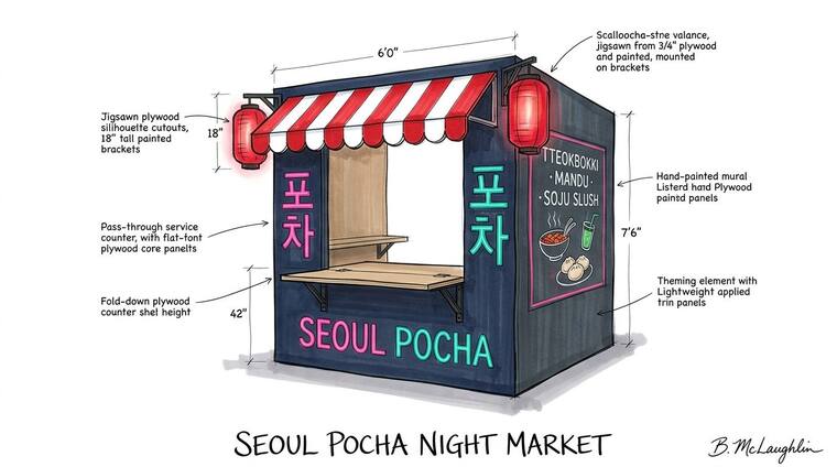Concept sketch, Seoul Pocha Night Market. A deep navy Korean street-food stall with hot pink and cyan neon-style Hangul lettering, red paper lanterns, a red-and-white awning and a painted tteokbokki and soju menu panel.