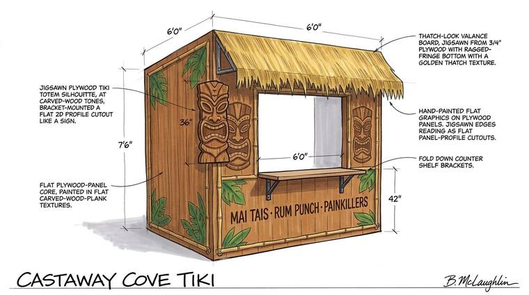 Concept sketch, Castaway Cove Tiki. A carved-wood-plank tiki bar under a ragged-fringe golden thatch valance, flanked by jigsawn tiki totem silhouettes, with a Mai Tais, Rum Punch, Painkillers counter sign.