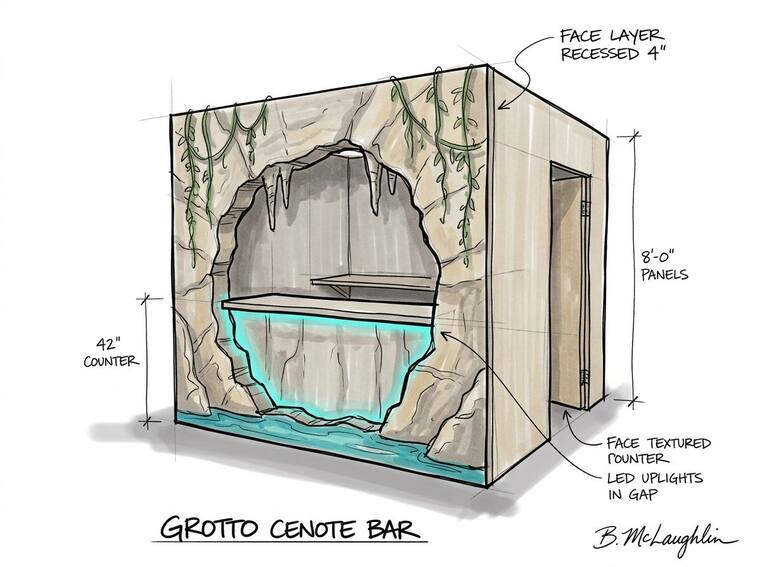 Concept sketch, Grotto Cenote Bar. A limestone grotto bar with a recessed cave-mouth face layer, stalactite forms overhead, a turquoise water-pool counter face and LED uplights in the gap.