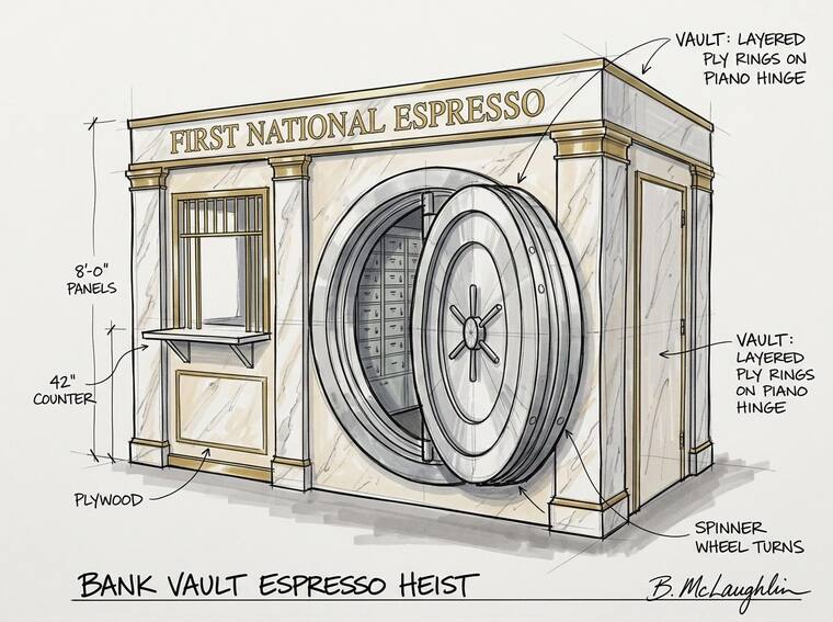 Concept sketch, Bank Vault Espresso Heist. A white marble and gold bank facade lettered First National Espresso, fronted by an oversized layered-plywood vault door with a spinner wheel that turns, on a piano hinge.
