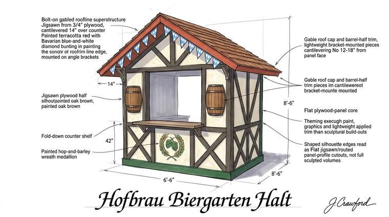 Concept sketch, Hofbrau Biergarten Halt. A Bavarian half-timbered hut with a gabled roofline, blue-and-white diamond bunting painted into the gable, oak-brown timber framing and a hop-and-barley wreath medallion.