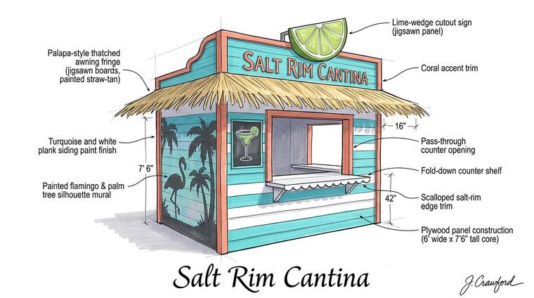 Concept sketch, Salt Rim Cantina. A turquoise-and-white plank cantina under a palapa-style thatched awning, with a lime-wedge cutout sign, coral accent trim and a painted flamingo and palm silhouette mural.