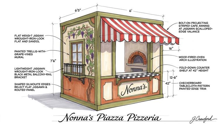 Concept sketch, Nonna’s Piazza Pizzeria. A terracotta trattoria under a red-and-white striped cafe awning, with a painted grape-vine trellis mural, wrought-iron-look balcony rail and a wood-fired oven arch.