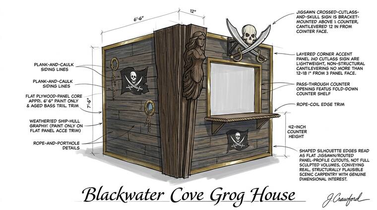 Concept sketch, Blackwater Cove Grog House. A weathered ship-hull tavern in plank-and-caulk timber, with a carved figurehead corner panel, crossed-cutlass-and-skull sign and rope-coil edge trim.